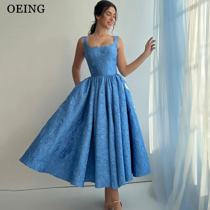 

OEING Elegant A-Line Prom Dress Princess Sky Blue Appliques Lace Square Collar Draped Midi Gala Party Dress vestidos Customized