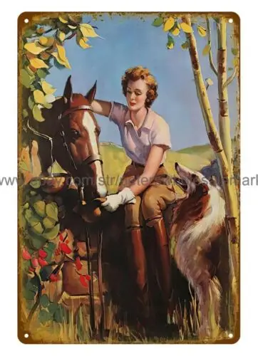 home decor shopping retro western art cowgirl horse collie metal tin sign