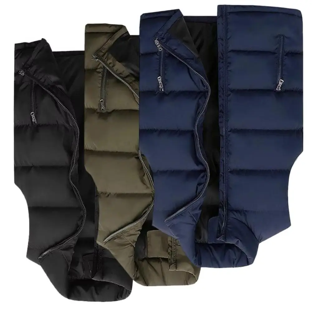 Men Vest Jacket Solid Color Stand Collar Zipper Cotton Padded Thicken Cold Proof Plus Size Straight Waistcoat Streetwear
