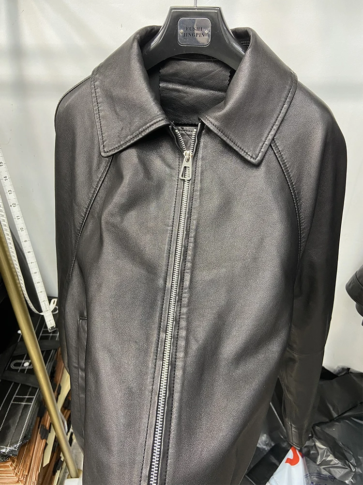 2025 ผู้หญิงฤดูใบไม้ผลิสายรัดสีดําหนังแกะแท้เสื้อแจ็คเก็ตฤดูใบไม้ร่วงหลวมจริงหนัง Overcoat