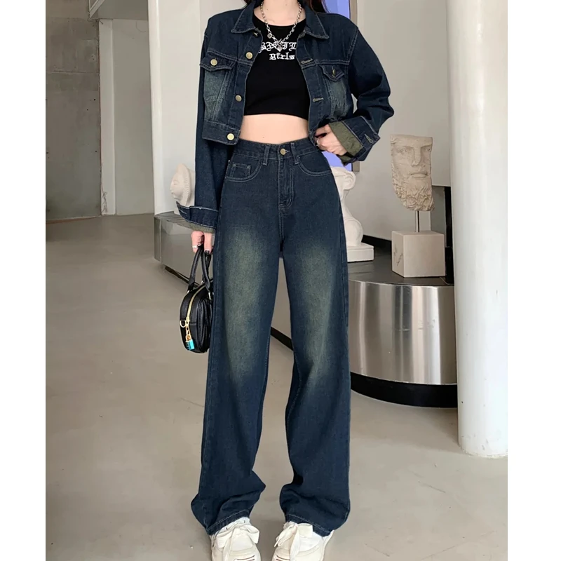 Women Fashion Denim Matching Sets Japan Korean Vintage Short Jackets Wide Leg Pants 2 Piece Suit Spring Summer Coat Jeans Outfit