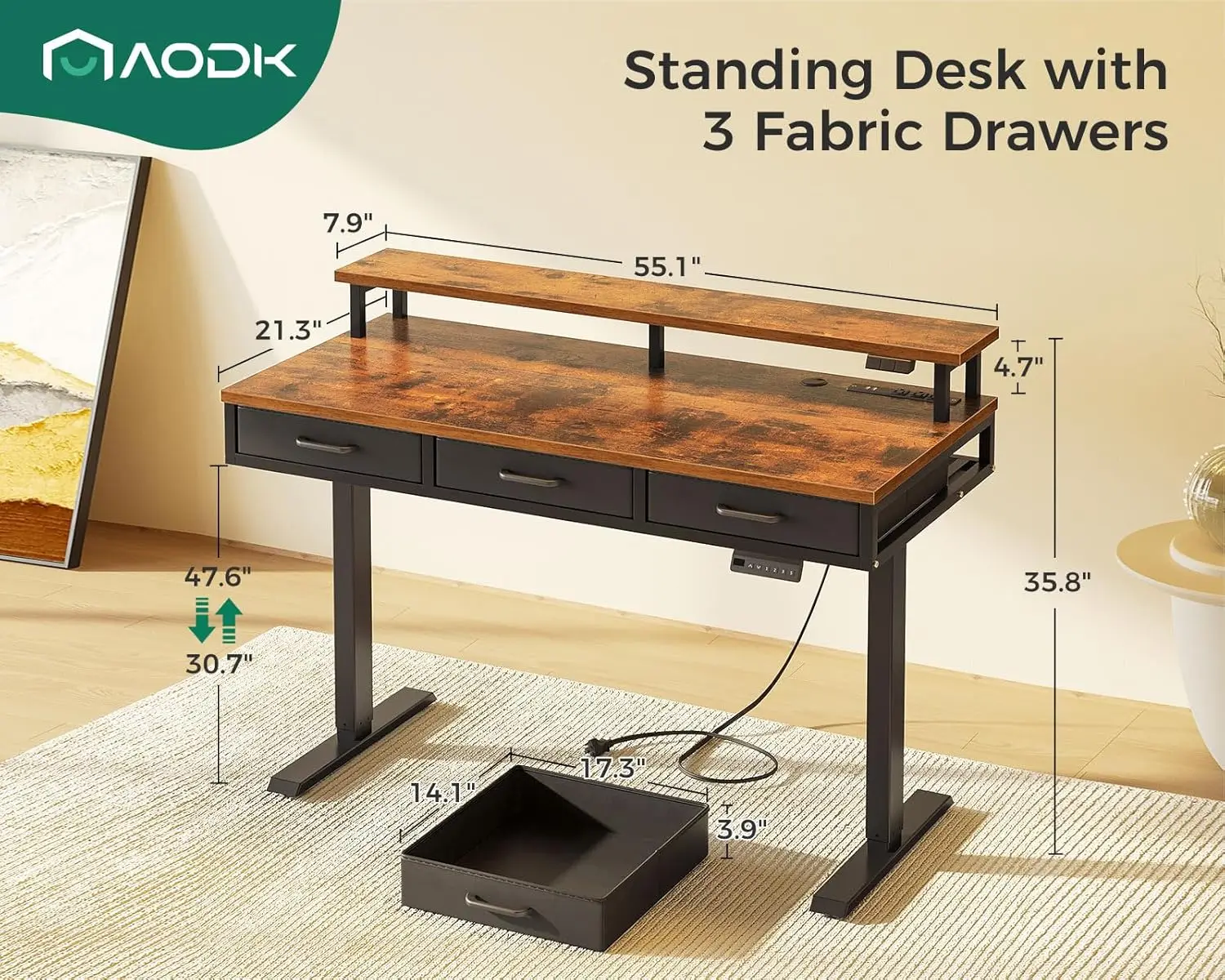 AODK elektrisch sta-bureau met lades, 55 inch in hoogte verstelbaar bureau met stopcontacten en LED-verlichting, zit-sta-tafel met