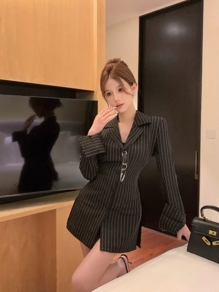 

Bla Stripe Suit Collar Long Sve Women's irt Autumn Winter Design Sensibili Ele Midi Waist Cinching Blouse