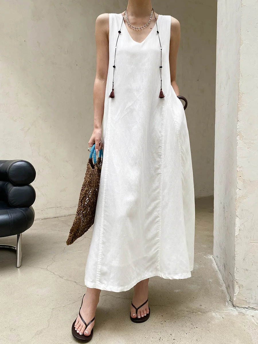 Summer Women's Casual Solid Color Patchwork V-Neck Loose Slimming Sleeveless Dress