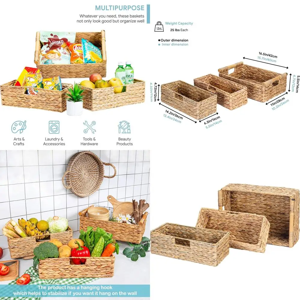 

Natural Wicker Storage Baskets with Wooden Handles for Home and Bathroom Organization