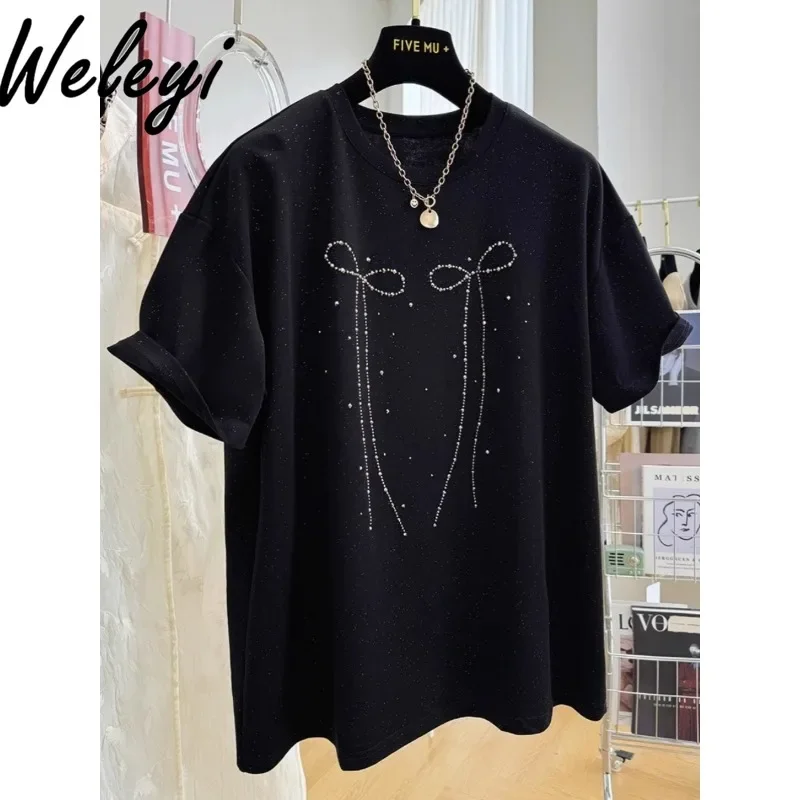 

Korean Fashion Printed Short Sleeved T Shirts for Women's Summer Clothing Pearl Bow Loose Casual Black Versatile Round Neck Tops