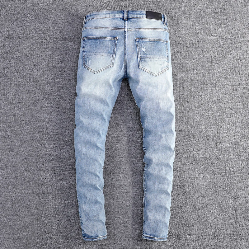 Designer Fashion Men's Light Blue Jeans Retro Elastic Slim Fit Piercing Patch Fashion Brand Tight Pants Men's Y2K
