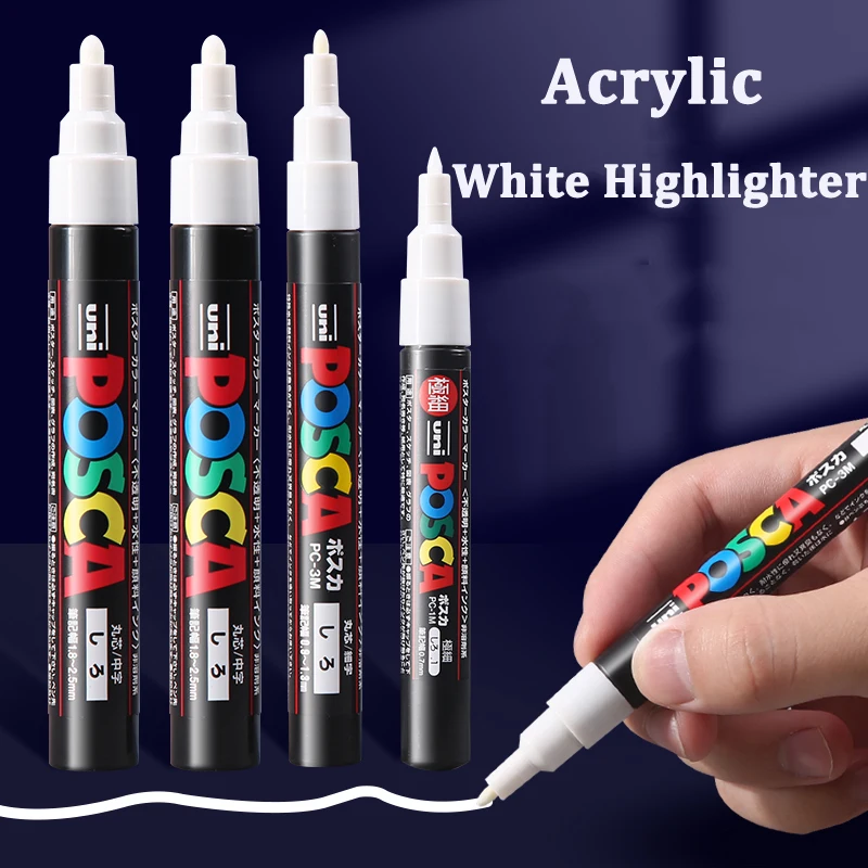 UNI Posca Acrylic White Highlighter Pen Marker Pen PC-1M/3M/5M/8K/17K Paint Markers For Glass, Plastic, Metal, Wood, Ceramics