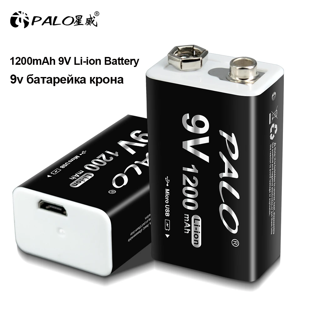 Akumulator litowo-jonowy PLAO 1200mAh 9V z możliwością ładowania przez Micro USB, baterie 6F22 9V litowe, bateria 9V, bateria 9V Krone do mikrofonu