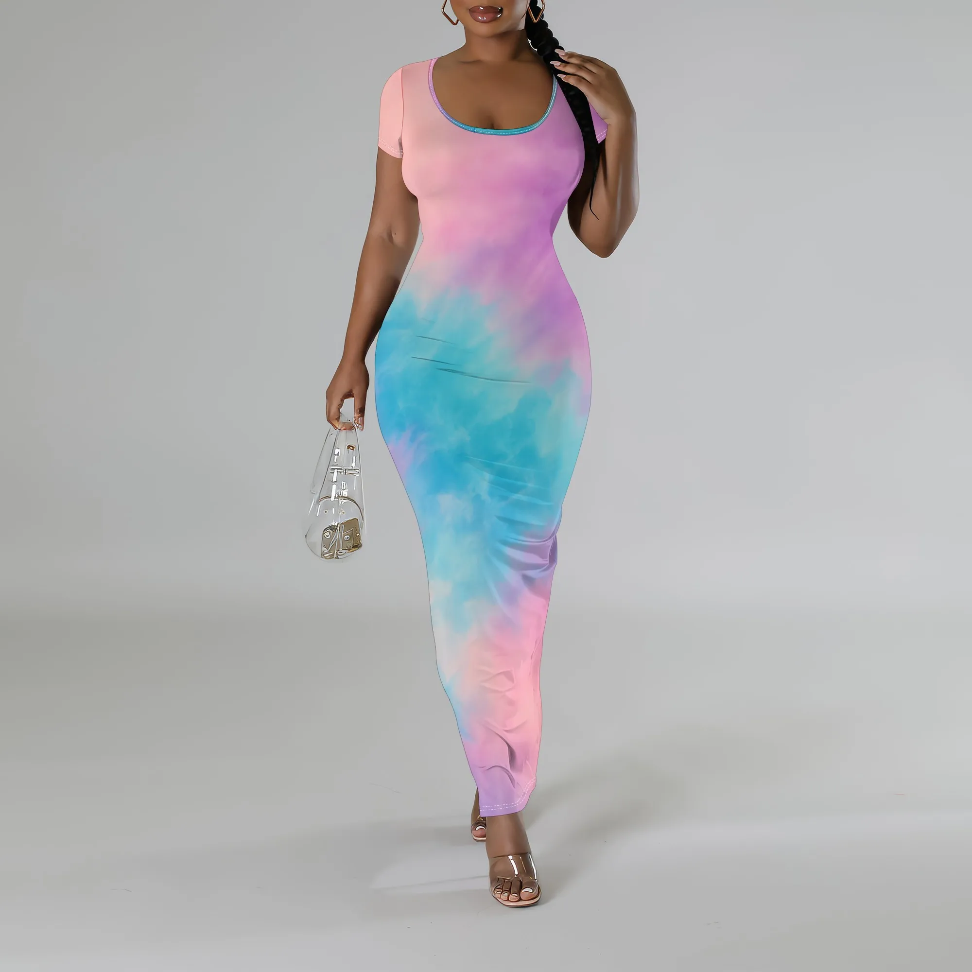 

S-3XL Tie Dye Gradient Bodycon Maxi Dress for Women Pastel Summer Style Beach, Pride Month or Festival Look
