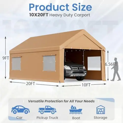 10x20 FT Heavy Duty Carport Canopy with Sidewalls, Yellow | Car Port with All-Season Tarp for Cars, Portable Garage