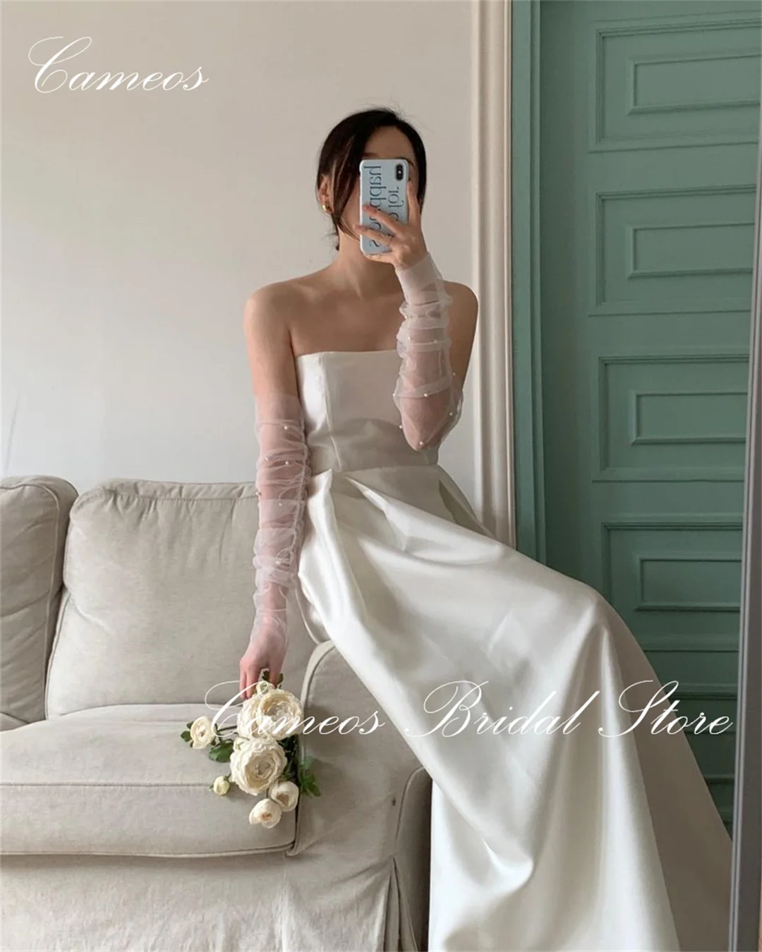 SONDR Korean Long Sleeves Wedding Dress Strapless Custom Made Formal Prom Dress 웨딩드레스  A-Line Satin Pearls Evening Gown Bridal