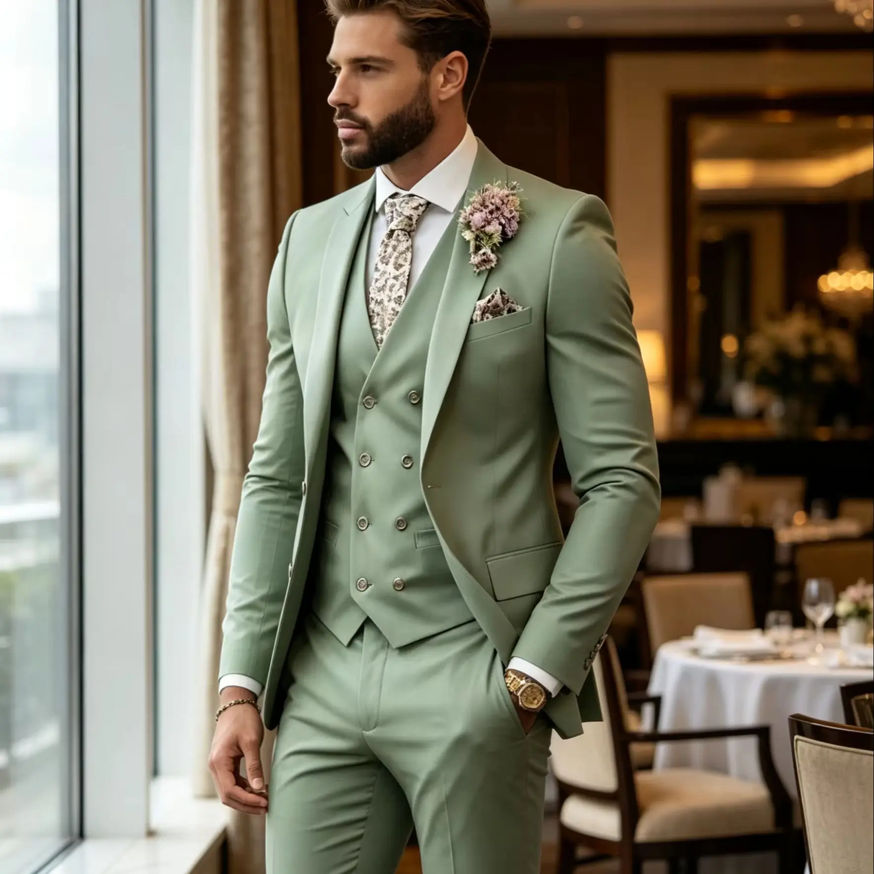 

Slim Fit Matcha Green Men's 3 Piece Tuxedo Set for Wedding Party Prom Special Occasions Formal Business Dress Suit Men Clothes