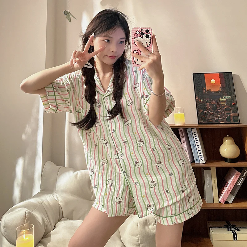 

Summer new lapel cotton plaid cute cartoon Hello Kitty pajamas women's three-piece set short sleeves short trousers loungewear
