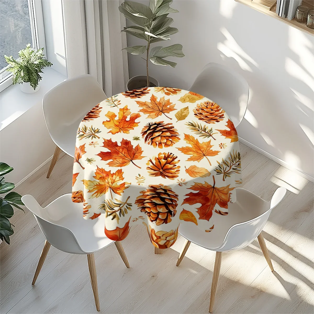 1 piece of circular tablecloth in 2D flat printing, featuring patterns of autumn maple leaves, pinecones and tree branchesxzj