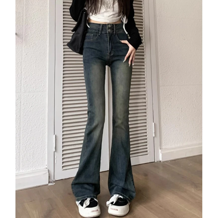 Cement grey micro flare jeans female spring new high-waisted elastic Slim and thin versatile flare horseshoe trousers tide