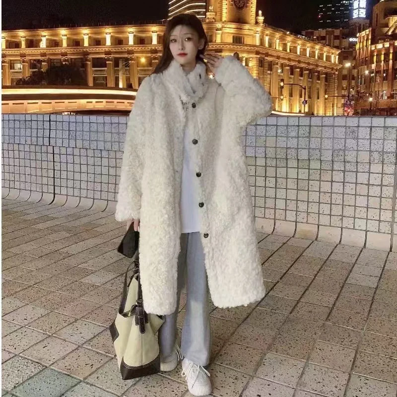 Lamb Wool Long Jackets Women Winter Warm Stand Collar Loose Fur Outerwear Y2K Korean Fashion Long Sleeve All Match Fake Fur Coat