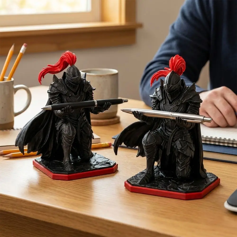 Plastic Kneeling Knight Pen Holder Statue Novelty Gift Red Plume Medieval Warrior Desk Pen Stand 3D Printed
