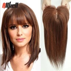 Adorno de cabello humano con reflejos rojos y marrones para mujer, 14 pulgadas, 100% piezas de cabello humano Remy en extensiones de cabello con Base de seda con 3 Clips