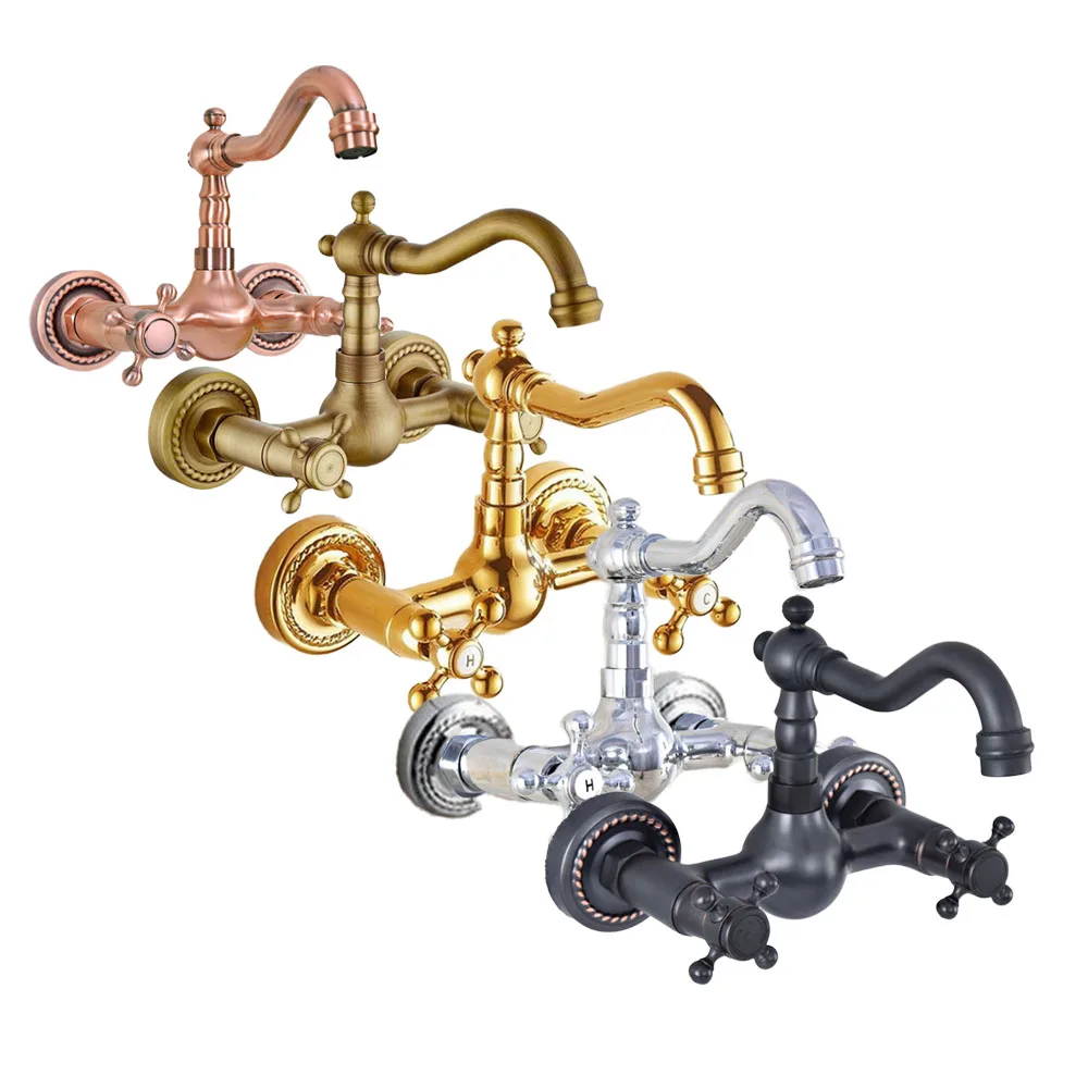 Dual Cross Handles brass and stainless steel Wall Mounted Kitchen Bathroom Swivel Spout Faucet Mixer Tap azh050