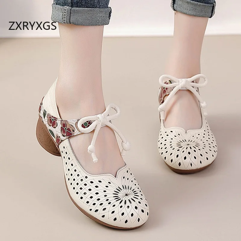 ZXRYXGS Chinese Style Cowhide Printing Hollow Women Leather Sandals New 2024 Summer Elegant Fashionable Sandals Mid Heel Shoes