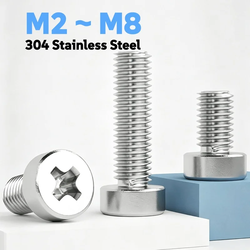 304 Stainless Steel M2 M2.5 M3 M4 M5 M6 M8 Cross Thin Low Short Cap Round Column Head Bolt Length 4~100 mm