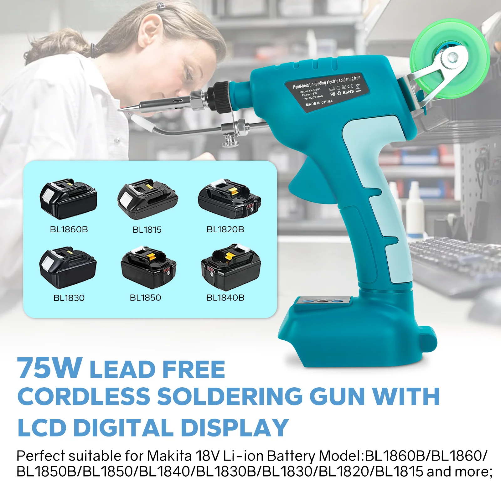 75W Cordless Soldering Iron Kit 200℃-500℃ Digital Display Electric Soldering Gun DIY Repair Tool for Makita 18V Battery Pin