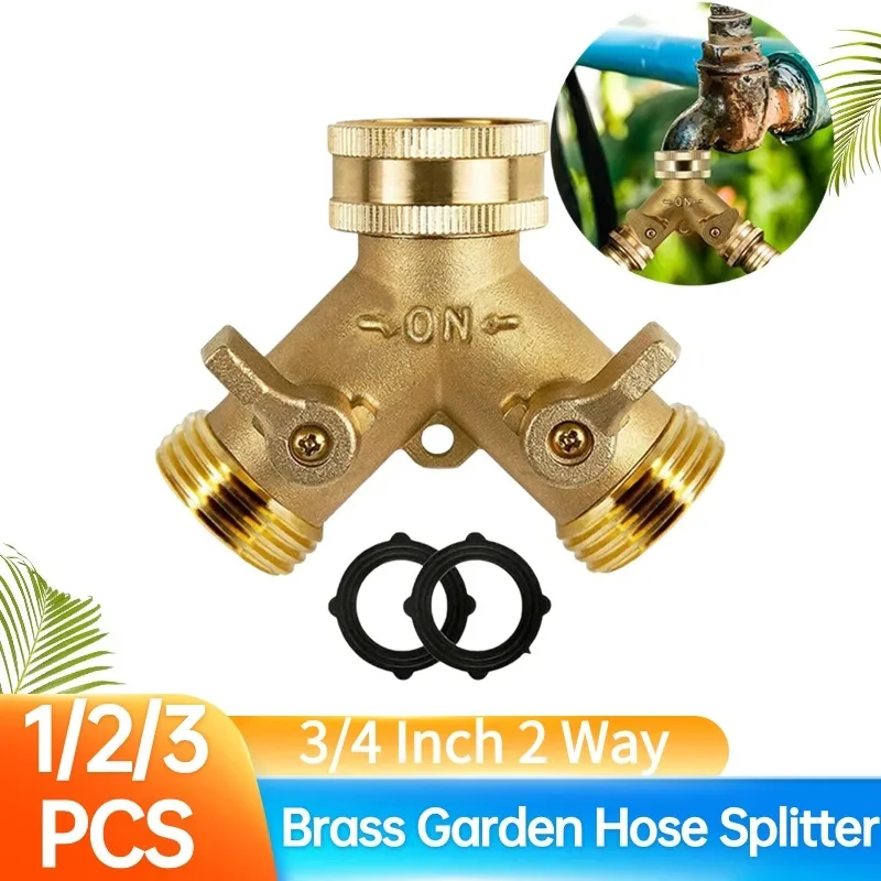 

3/4 Inch 2 Way Brass Garden Hose Splitter Y-Type Tap Watering Connector Distributor for Outdoor Faucet 1/2/3 set