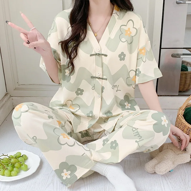 

New Summer Ladies Pajamas Short Sleeve Long Pants Loungewear Cardigan Kimono Home Sleepwear Young Girl Pjs Pyjamas pijama mujer