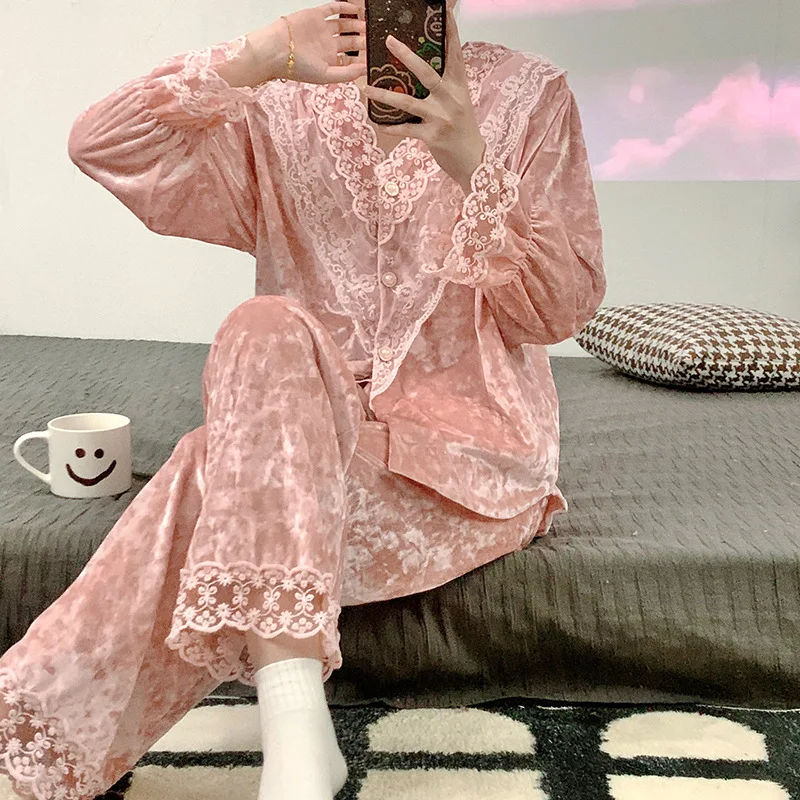 Velvet Pajamas Sleepwear Two Piece Set Autumn Winter Velour Nightwear Pijamas Suit Loose Sweet Lace Home Clothes Lounge Wear