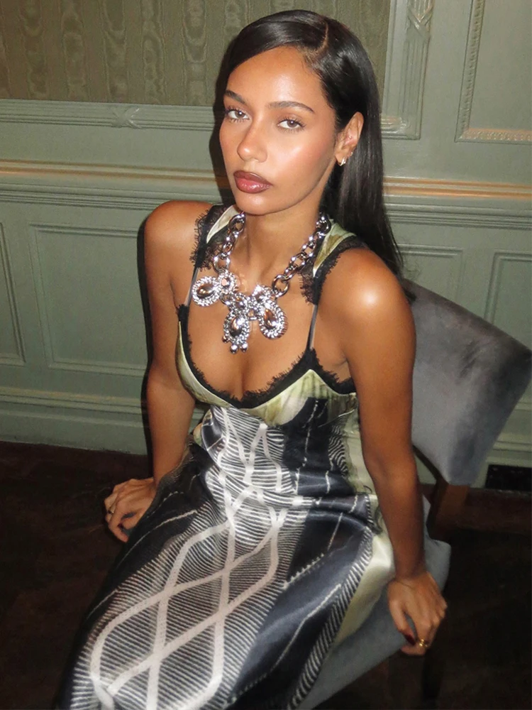 Weird Puss Lace Patchwork Dress Women Sexy Satin Colorful Print V Neck Banquet Party Gown Clubwear Sleeveless Trend Long Bodycon