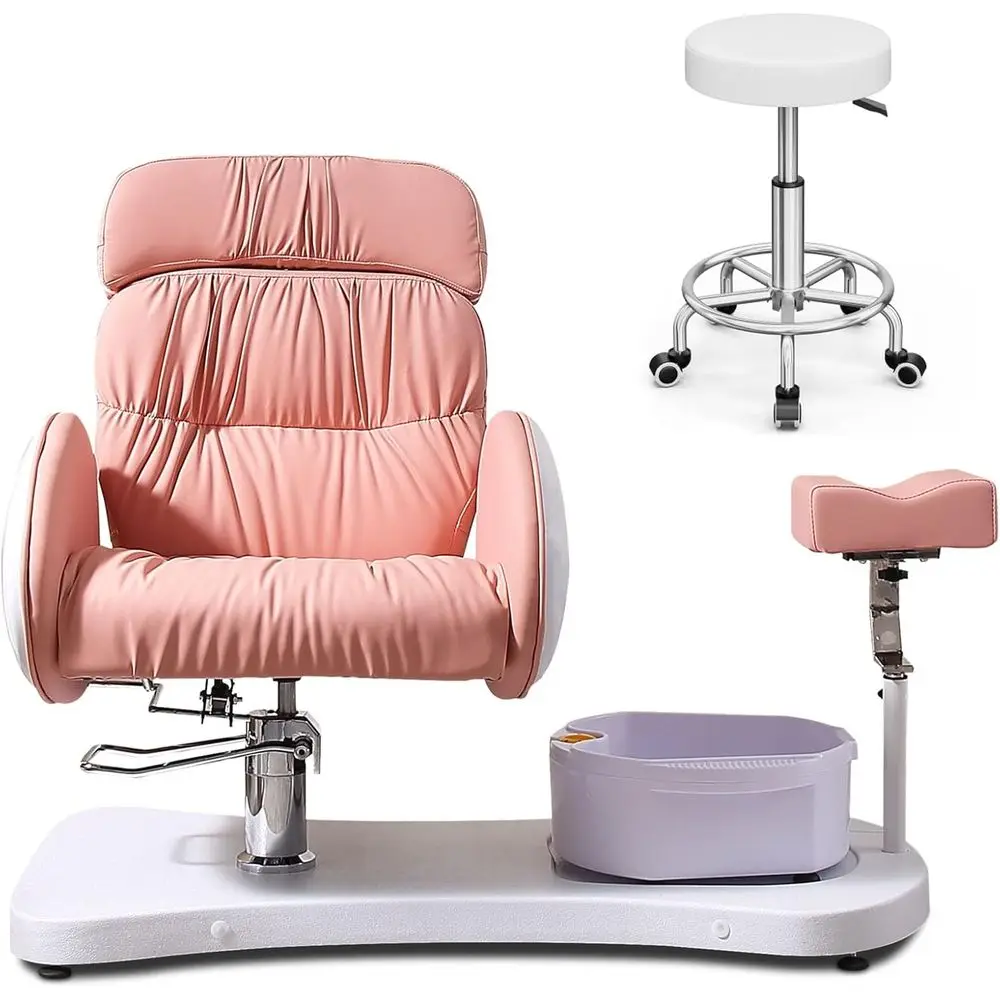 

Pink Nail Technician Adjustable Pedicure Chair with Foot Spa and Stool for Salon and Home