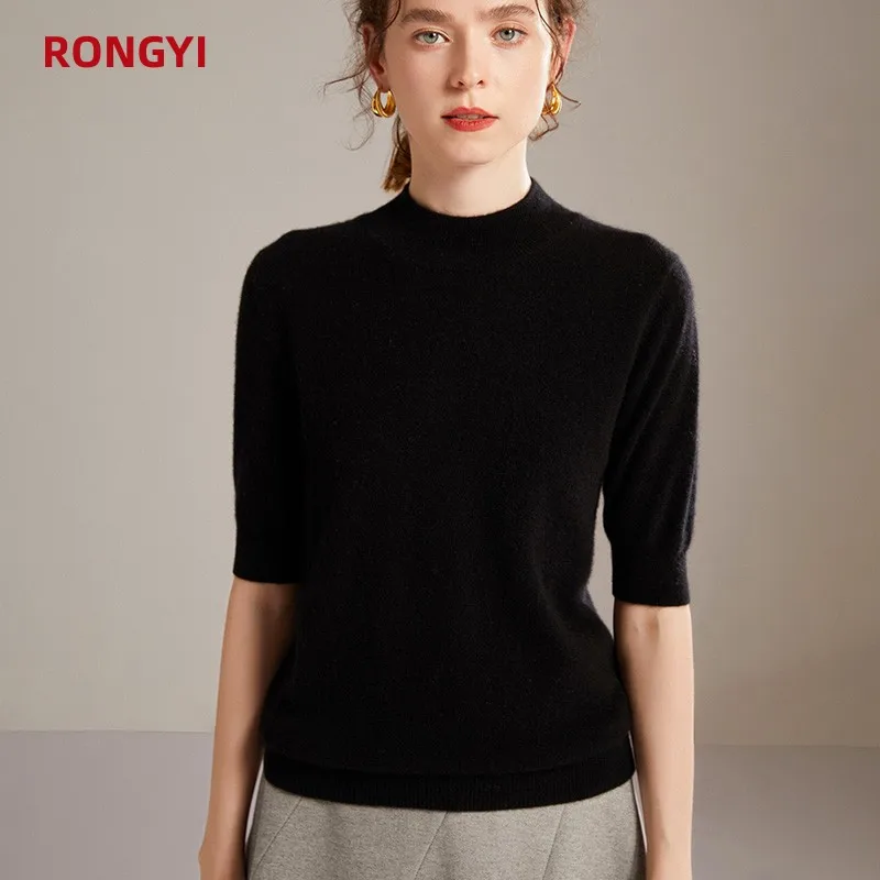 RONGYI  100% Pure Cashmere Short Sleeve T-Shirt Ladies Knitted Pullover Half Sleeve Sweater