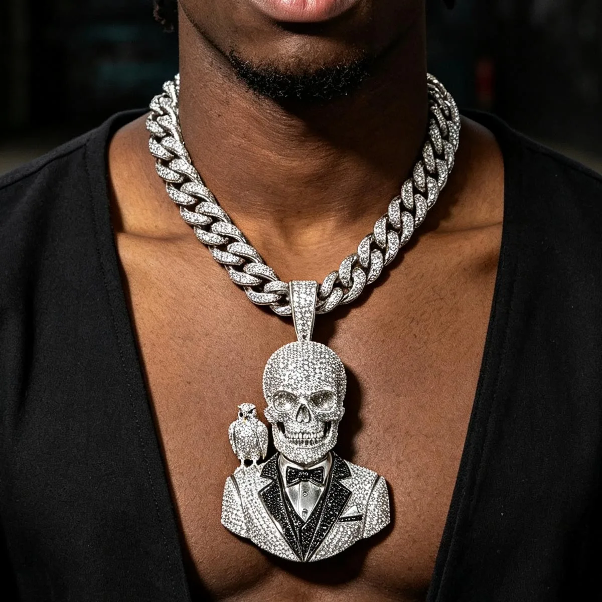 Iced Out 3D Skull Gentleman Falcon Bird Hip‑Hop Pendant Bling Gothic Skeleton Suit Bow‑Tie Sparkly Cuban Chain Necklace Jewelry