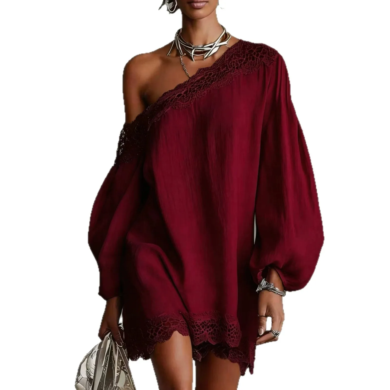 Casual Loose Long Sleeve Mini Dress Women Summer 2026 Fashion One Shoulder Pink Lace Short Dresses Elegant - view 5