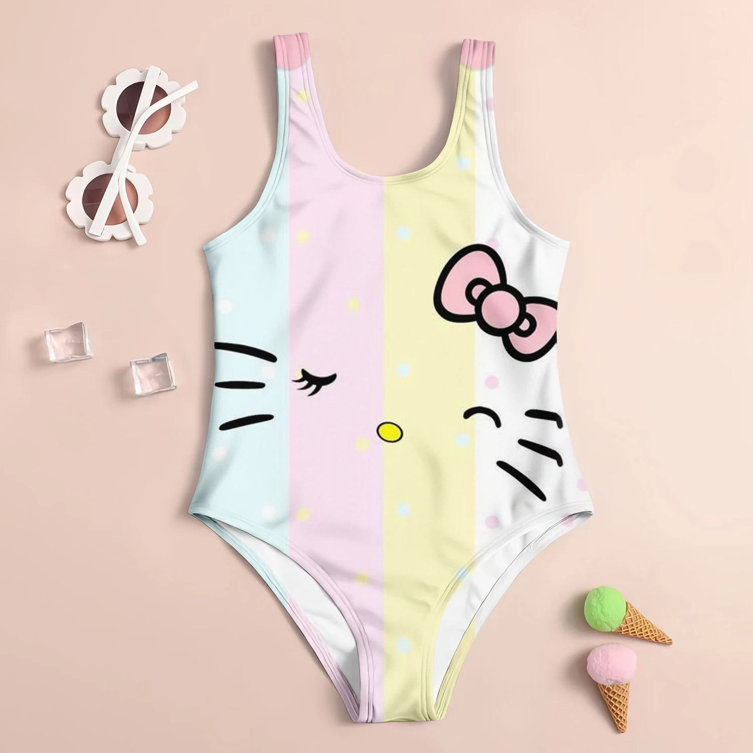 MINISO Summer Girls Swimsuit Children\'s Swimsuit 3D Printed Hello Kitty Cartoon Fashion Beach Skirt Holiday Children\'s Clothing