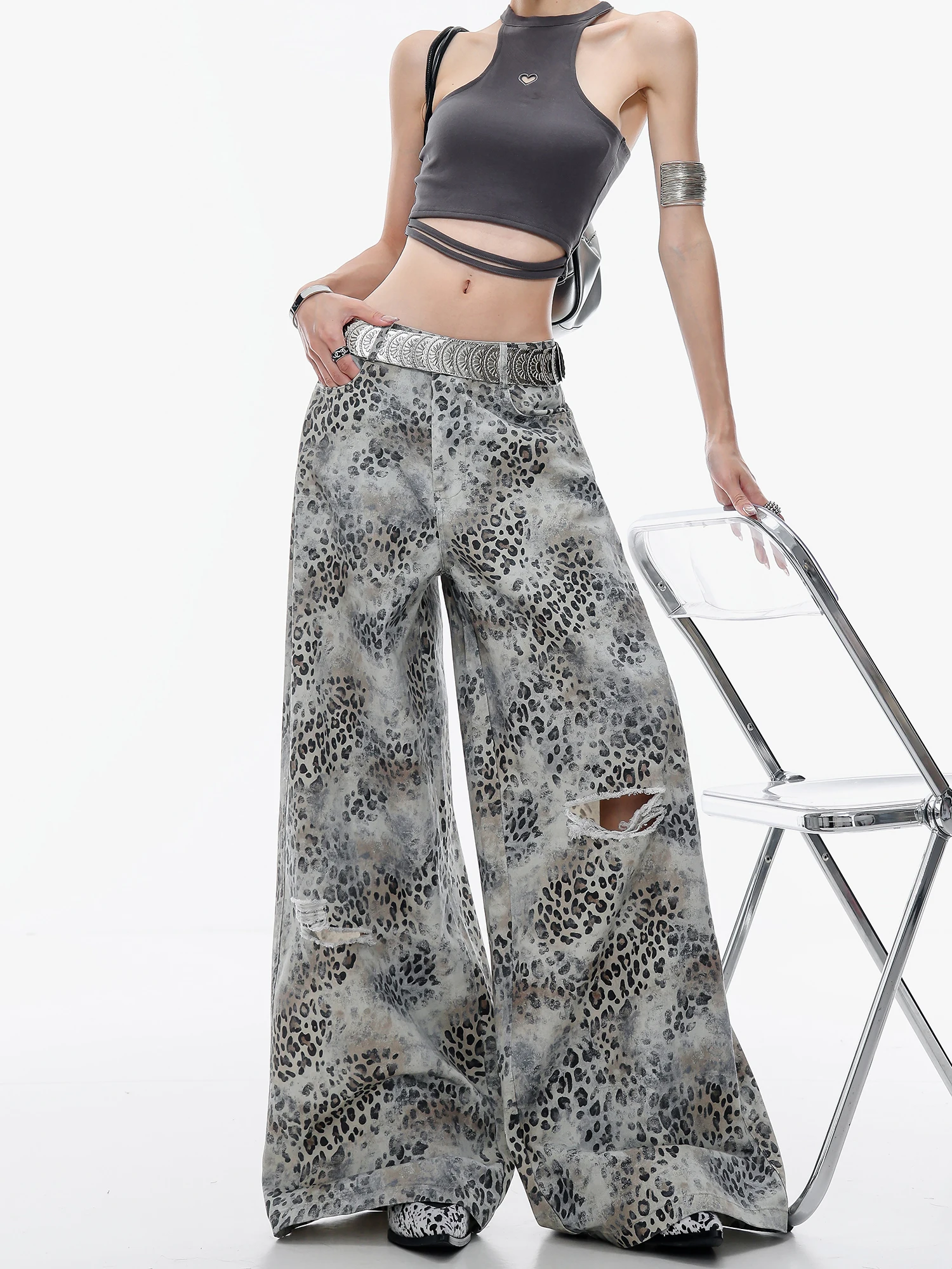 

ABWLR Original Wild Leopard Print Wide Leg Jeans Loose Straight Leg Pants Low Waist for Women High Waist Printed Denim Jeans