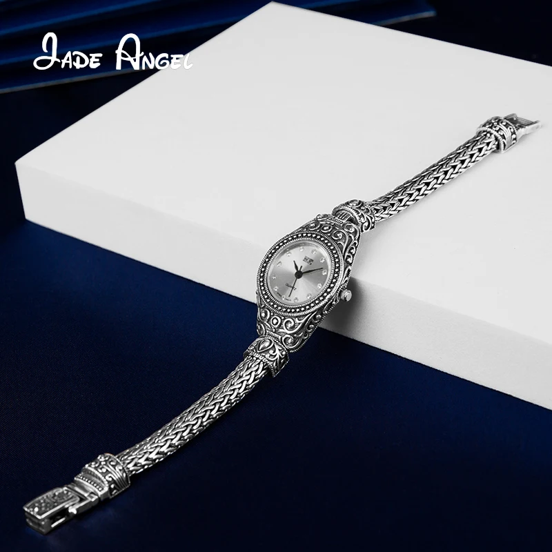 JADE ANGEL S925 Sterling Silver Jewelry Vintage Thai Silver Precision Jewelry Indonesian Style Ladies Bracelet Watch