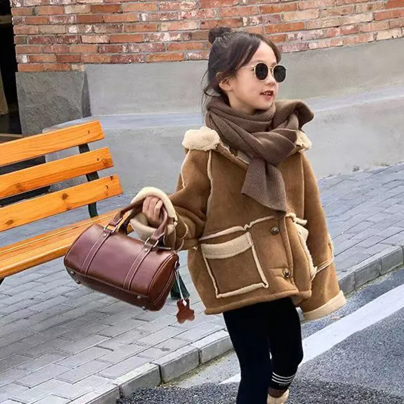 Children's Suede Jacket Autumn and Winter Girls' Thick Fur One-piece Motorcycle Suit With Suede and Double-sided Woolen Sweater