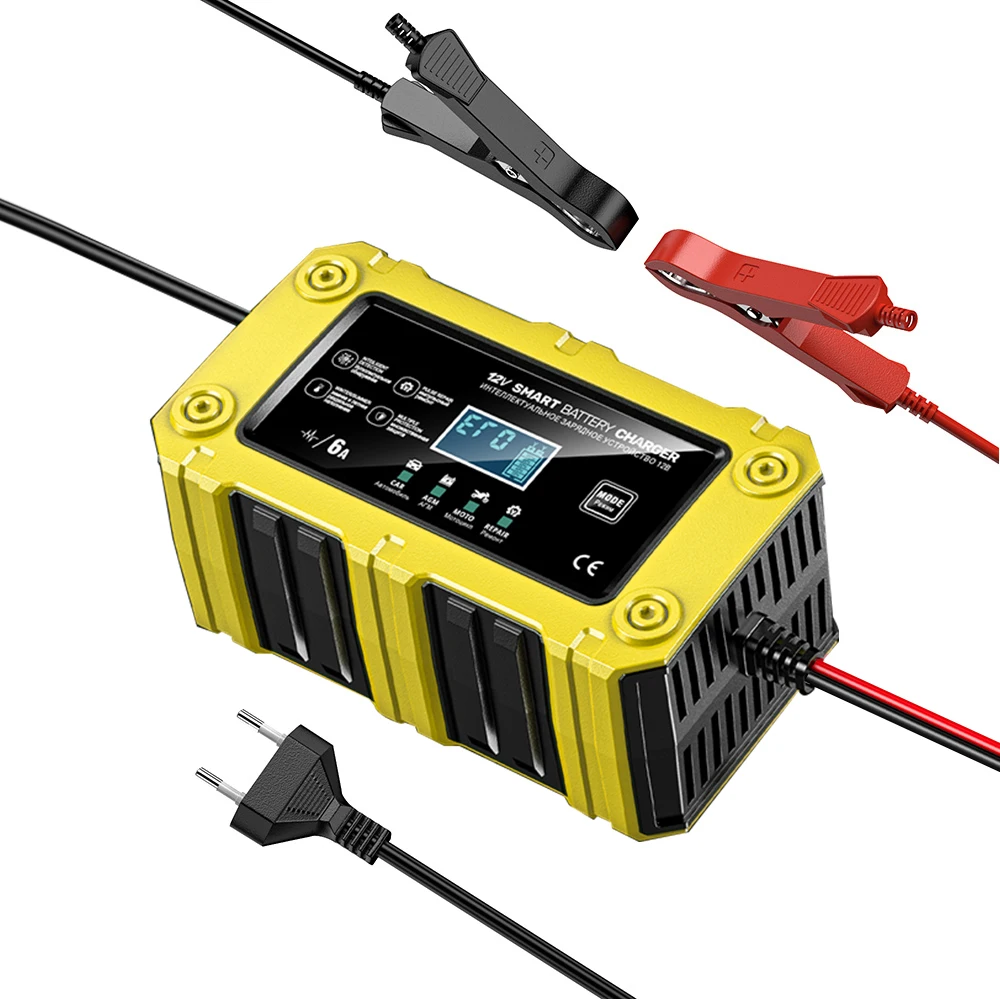 FOXSUR New Car Battery Charger 12V 6A Touch Screen Pulse Repair LCD Fast Power Charging Wet Dry Lead Acid Digital LCD Display