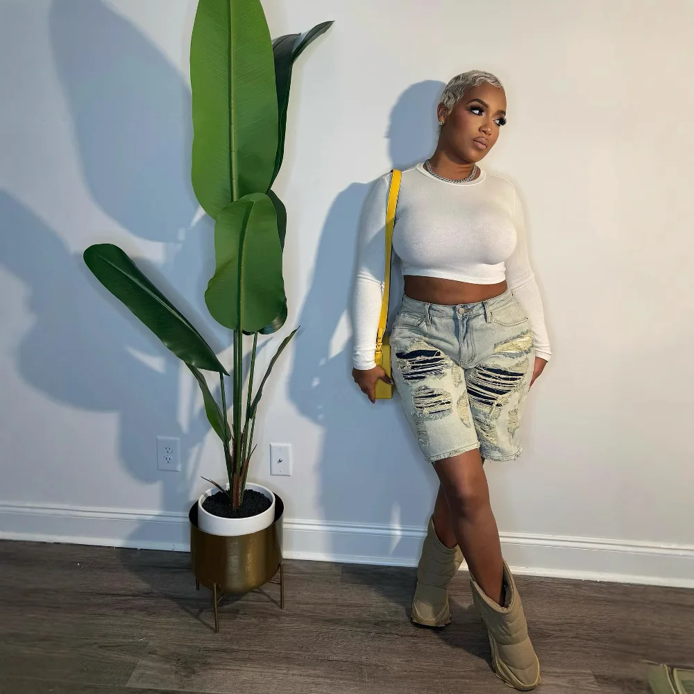 New Women's Fashion Street Style Trendy Washed Vintage Ripped Patchwork Five-Point Jeans