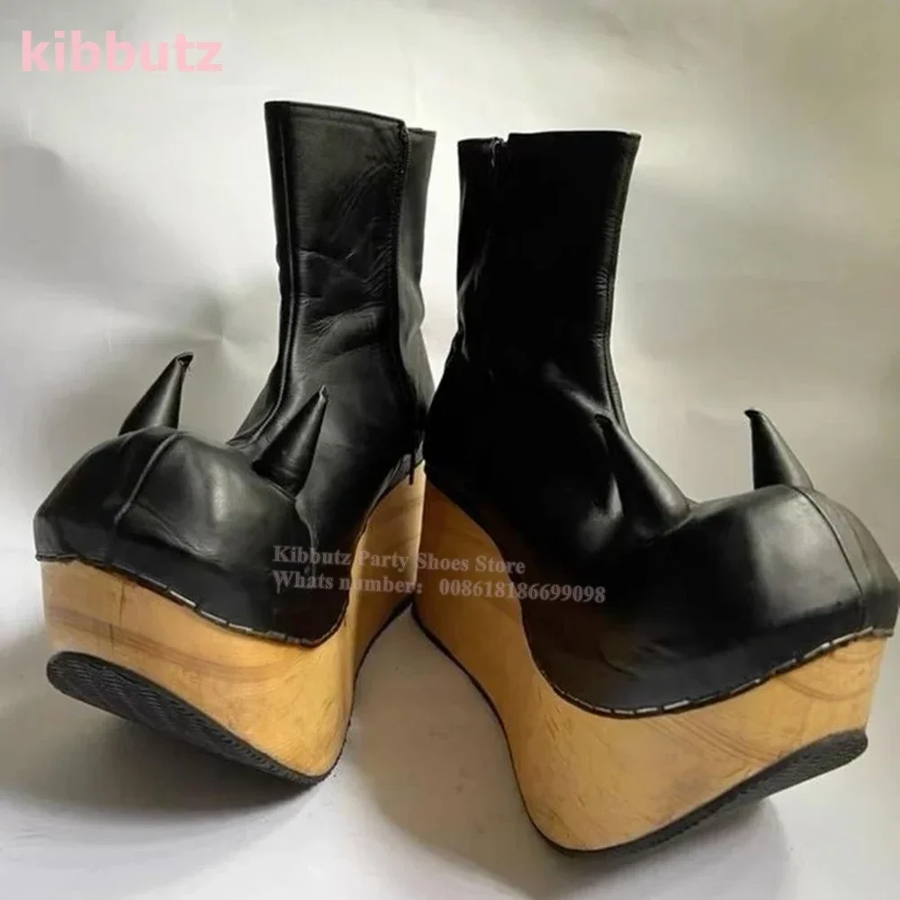Wooden Wedges Heel Ankle Boots Cow Horn Round Toe Leather Side Zipper Fashion Novelty Runway Show Novelty Concise Shoes Newest