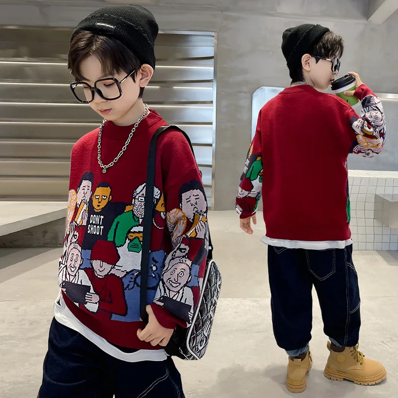 Elegant Children Autumn Sweaters with Cartoon Characters Knit Costumes For Kids Boy Burgundy Grey Color Knitwear Teens Clothes