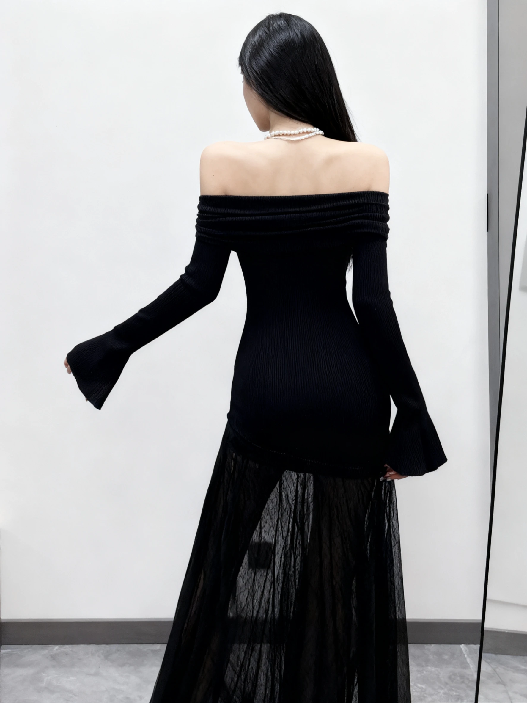 Vestidos de manga comprida das mulheres vestido topos para mulher primavera chiffon cauda manga comprida artístico fora do ombro emendado em camadas y2k