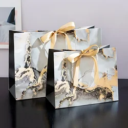 1-20PCS Gift Bags New Marbled Gift Bags INS Fashion Tote Bag with Ribbon Packaging Bag Clothing Paper Shopping Bags Candy Bags