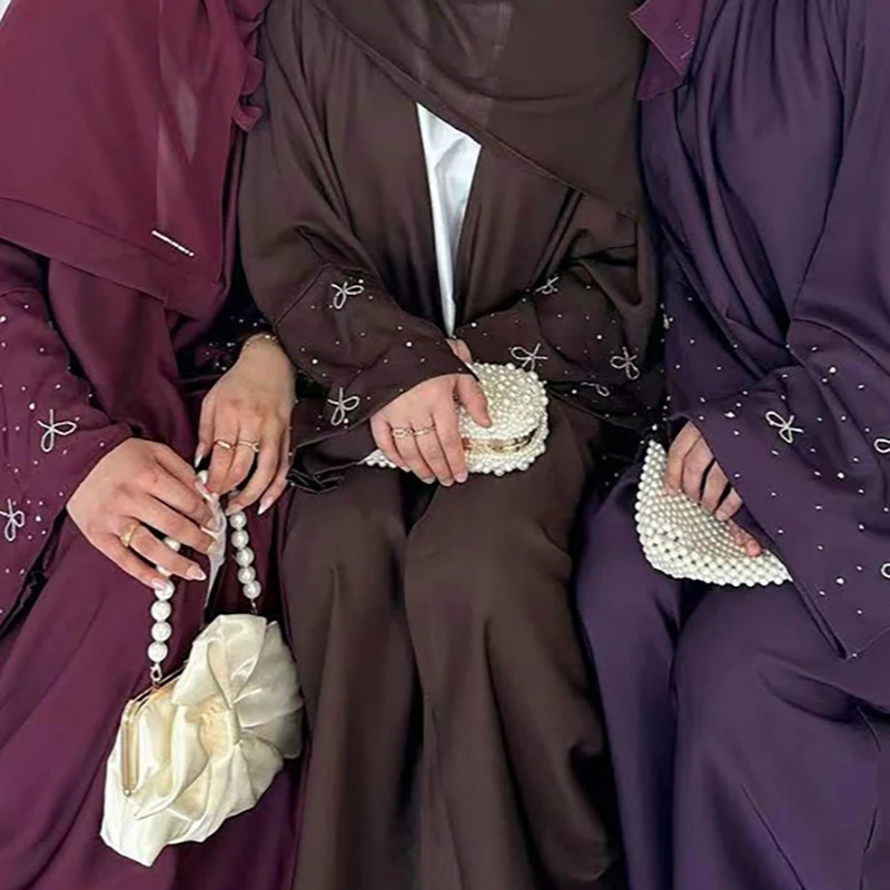 

2025 Open Luxury Bowknot Embroidery Nida Abaya Latest Dubai Modest Girl Kimono Dress for Women Turkey EID Modest Muslim