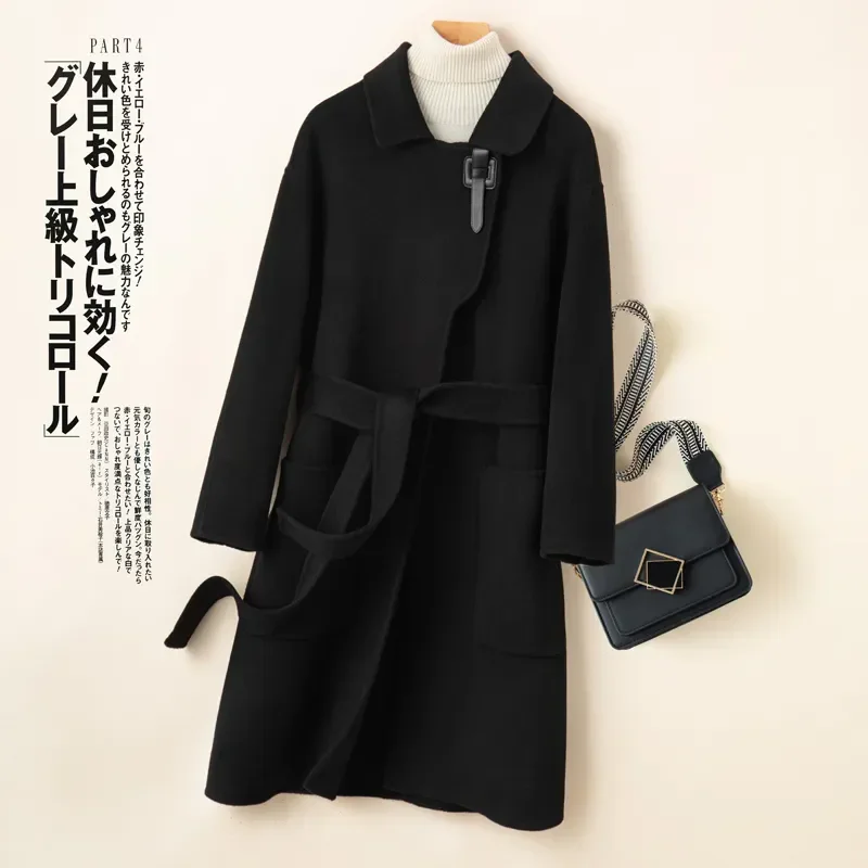 2025 Nieuwe Winterjas Wol Double Breasted Kasjmier Vintage Elegante Jas Vrouwen Mode Bovenkleding Zwart X-Lange Jassen Vrouwelijke