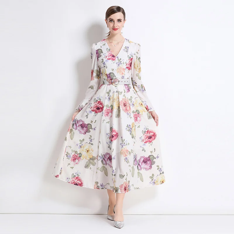 

French Elegant Luxury Evening Formal Dress Women's V-Neck Long Flare Sleeve Floral Print High Waist Belt Maxi Vestidos