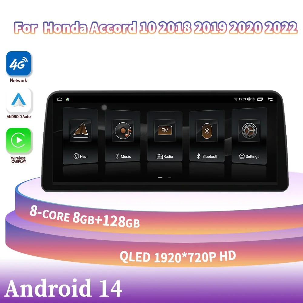 

12.3‘’Android 14 For Honda Accord 10 2018 2019 2020 2022 Wireless Carplay Stereo Head Unit Screen Car Multimedia Navigation