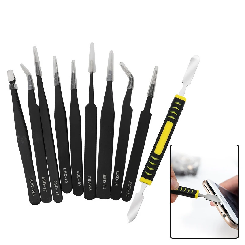 10/11Pcs ESD Anti-static Tweezers Set with Spudger, Precision Tweezers Kit for Phone Electronics Repair